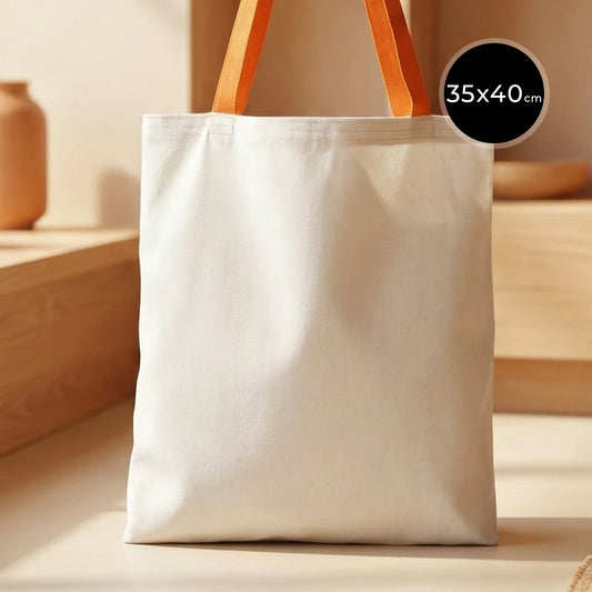 Turuncu kulplu, ham bezden üretilmiş 35x40 cm boyutlarında pratik ve şık çanta.
