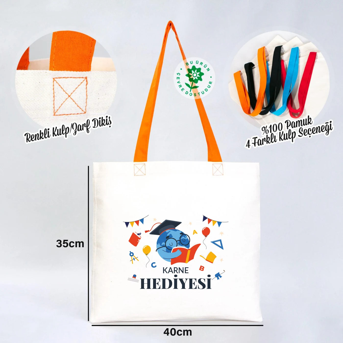 40×35 cm doğal renkli kumaş tote çanta, turuncu askı detayları ve ön yüzünde karne temalı renkli baskı bulunan model.