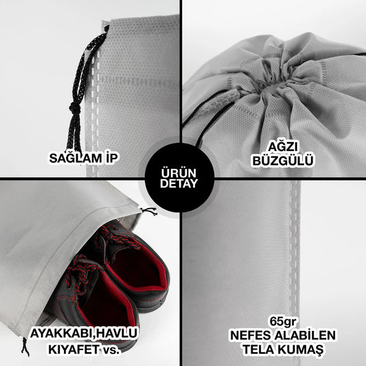 Ultrasonik Gri Tela Kese 35x45 cm – İp Büzgülü Ayakkabı ve Çamaşır Torbası