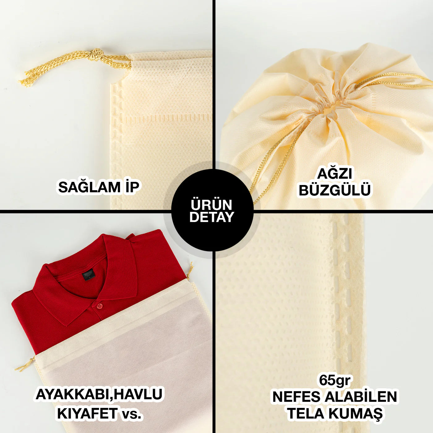 Ultrasonik Krem Tela Kese 35x45 cm – İp Büzgülü Ayakkabı ve Çamaşır Torbası