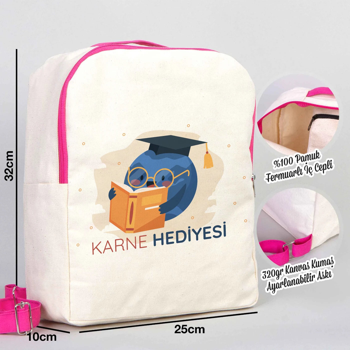 25×32×10 cm okul çantası, pembe fermuarlı; ön yüzünde 18 farklı tasarım seçeneği bulunur.