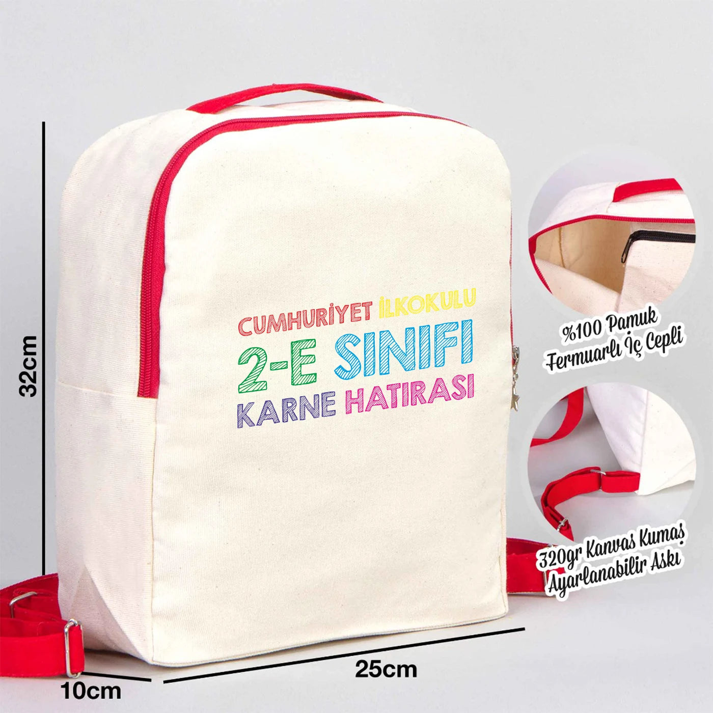 25×32×10 cm ebatlarında, kırmızı fermuarlı okul çantası. Ön yüzünde ürün grubuna ait 18 farklı karne hatırası tasarımından biri bulunur.