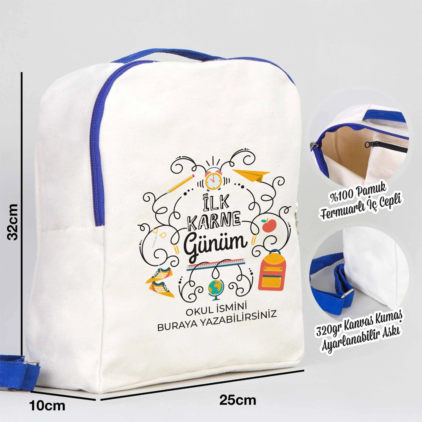 Natural renkte kumaştan yapılmış, mavi fermuarlı ve mavi askılı 25×32×10 cm çantanın ön yüzünde karne günü temalı modellerin yer aldığı renkli bir desenler bulunuyor.