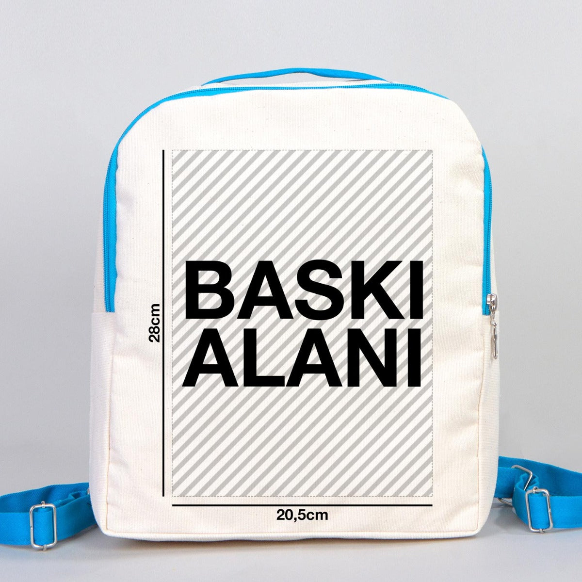 İyi Tatiller baskılı, turkuaz fermuarlı ve turkuaz askılı 25×32×10 cm bez sırt çantası; kitap ve balon desenli okul temalı çanta