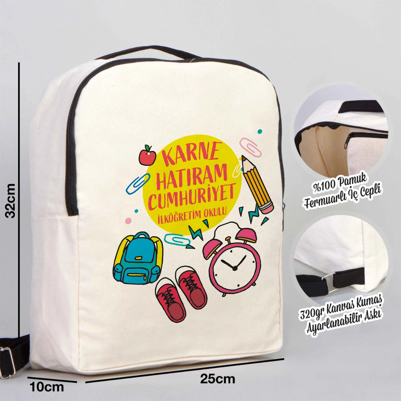 İlk Karne Günüm baskılı, siyah fermuarlı 25×32×10 cm okul temasında bez sırt çantası.