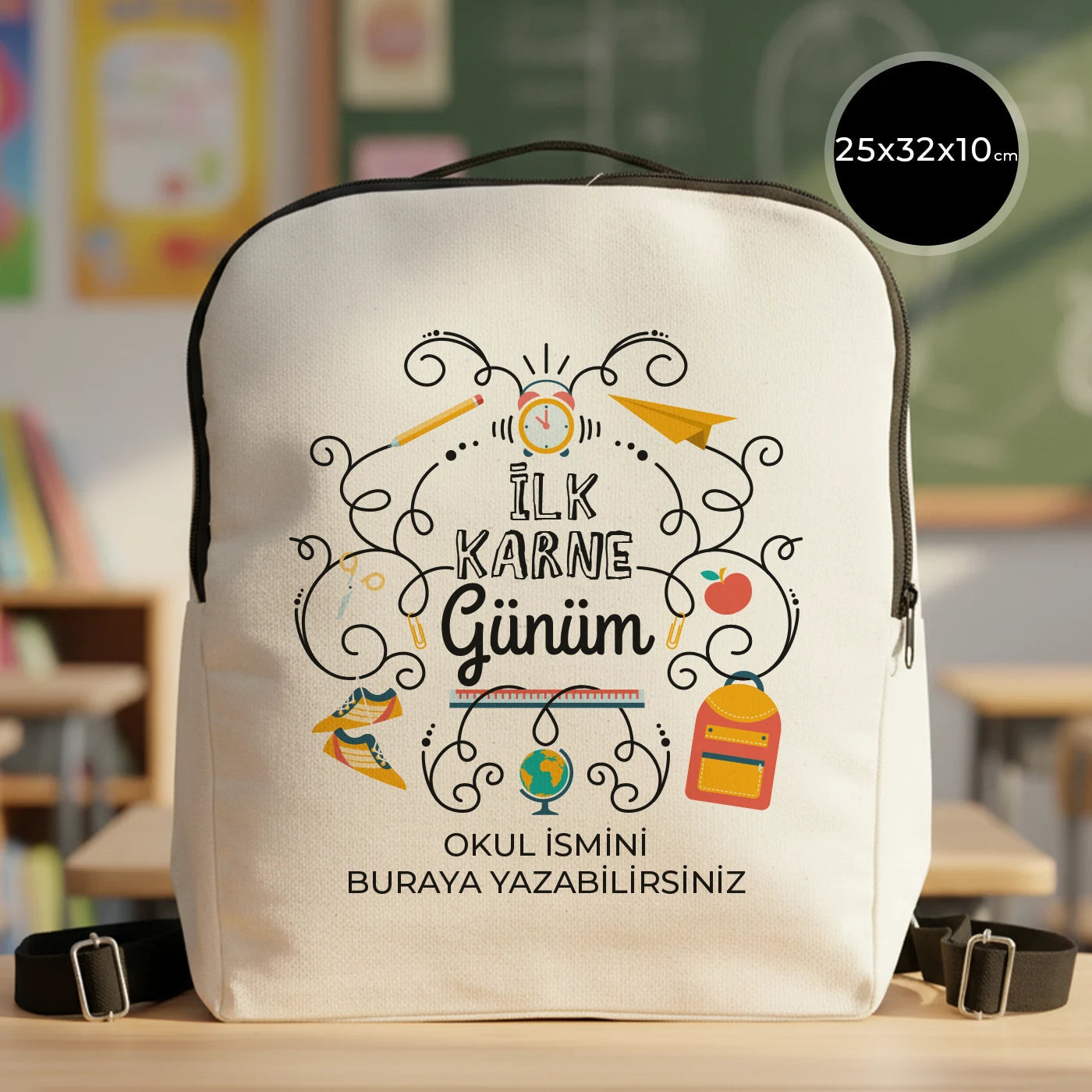 İlk Karne Günüm baskılı, siyah fermuarlı 25×32×10 cm okul temasında bez sırt çantası.