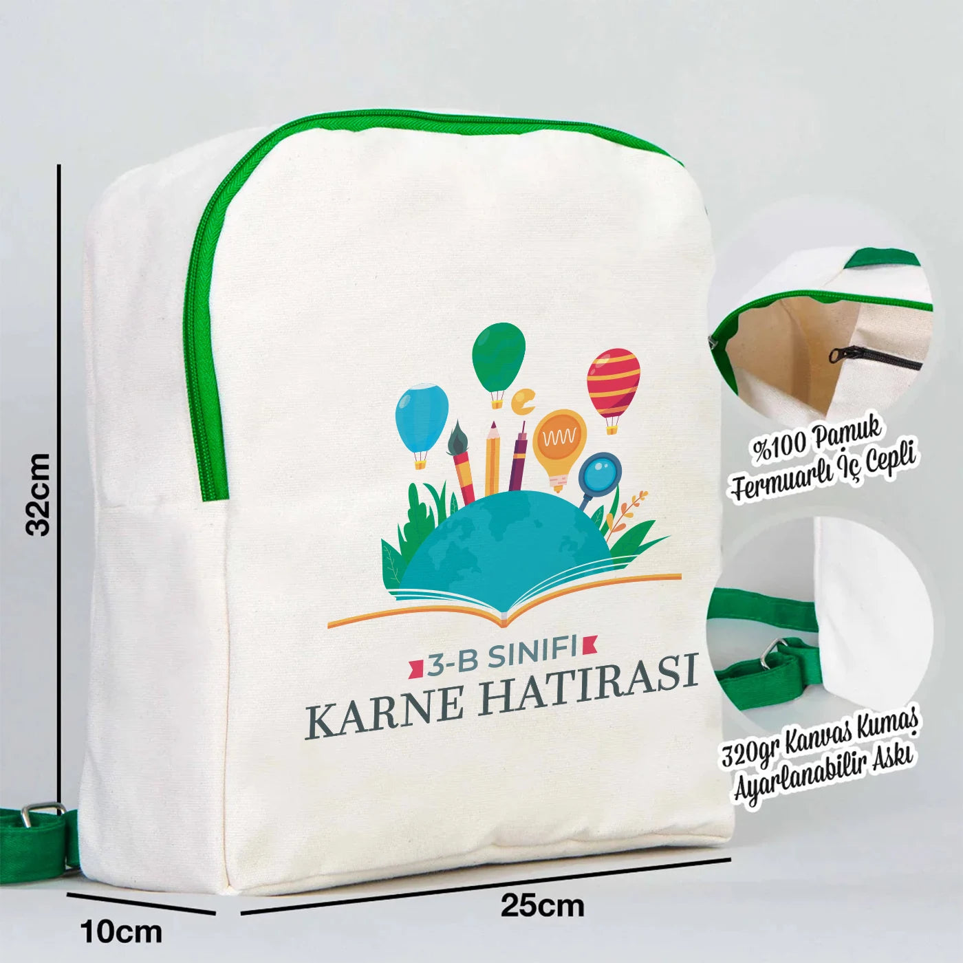 25×32×10 cm doğal renkli kumaştan okul sırt çantası, ön yüzünde karne temalı renkli baskı ve yeşil fermuar detayları bulunan model.