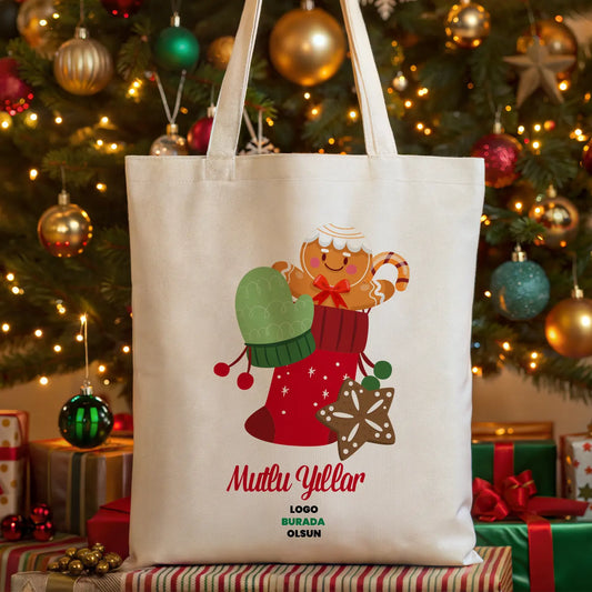 Yeni yıl temalı kurabiye adam baskılı bez çanta – 30x40 cm gabardin çanta, istecanta özel tasarım.