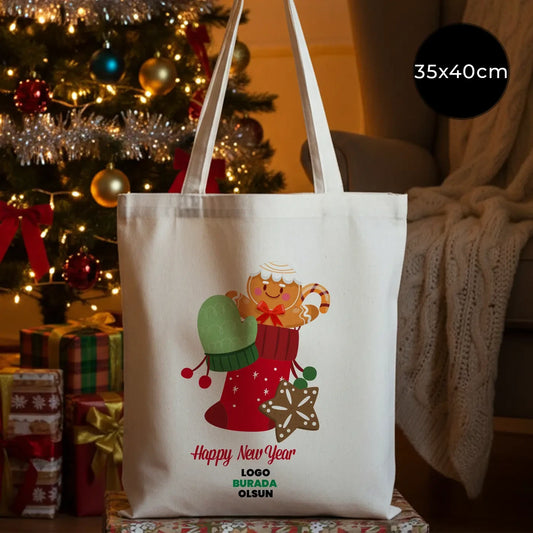 Yeni yıl temalı kurabiye adam baskılı bez çanta – 30x40 cm gabardin çanta, istecanta özel tasarım