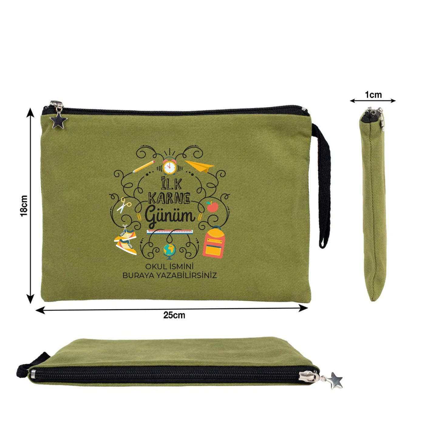 Yeşil karne günü hediyesi kanvas clutch çanta 25×18 cm astarlı, okul temalı özelleştirilebilir tasarım