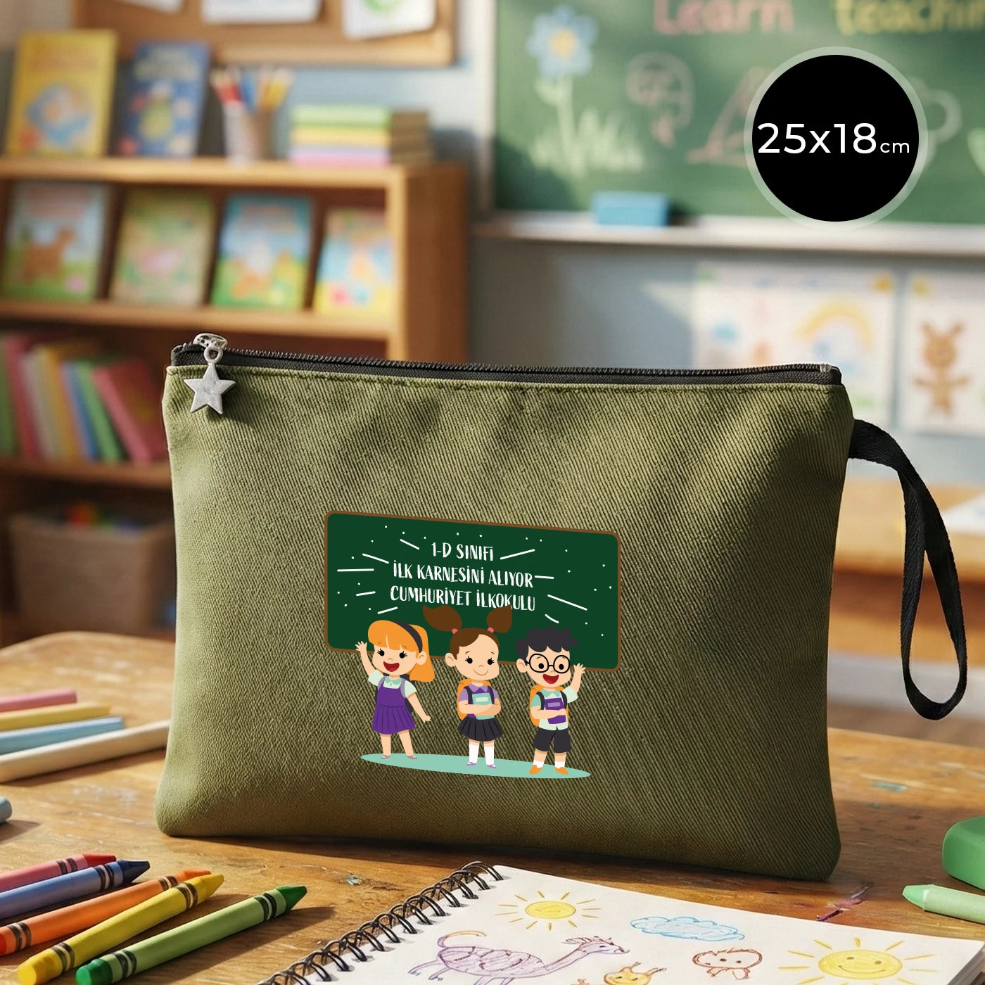 Yeşil karne günü hediyesi kanvas clutch çanta 25×18 cm astarlı, okul temalı özelleştirilebilir tasarım