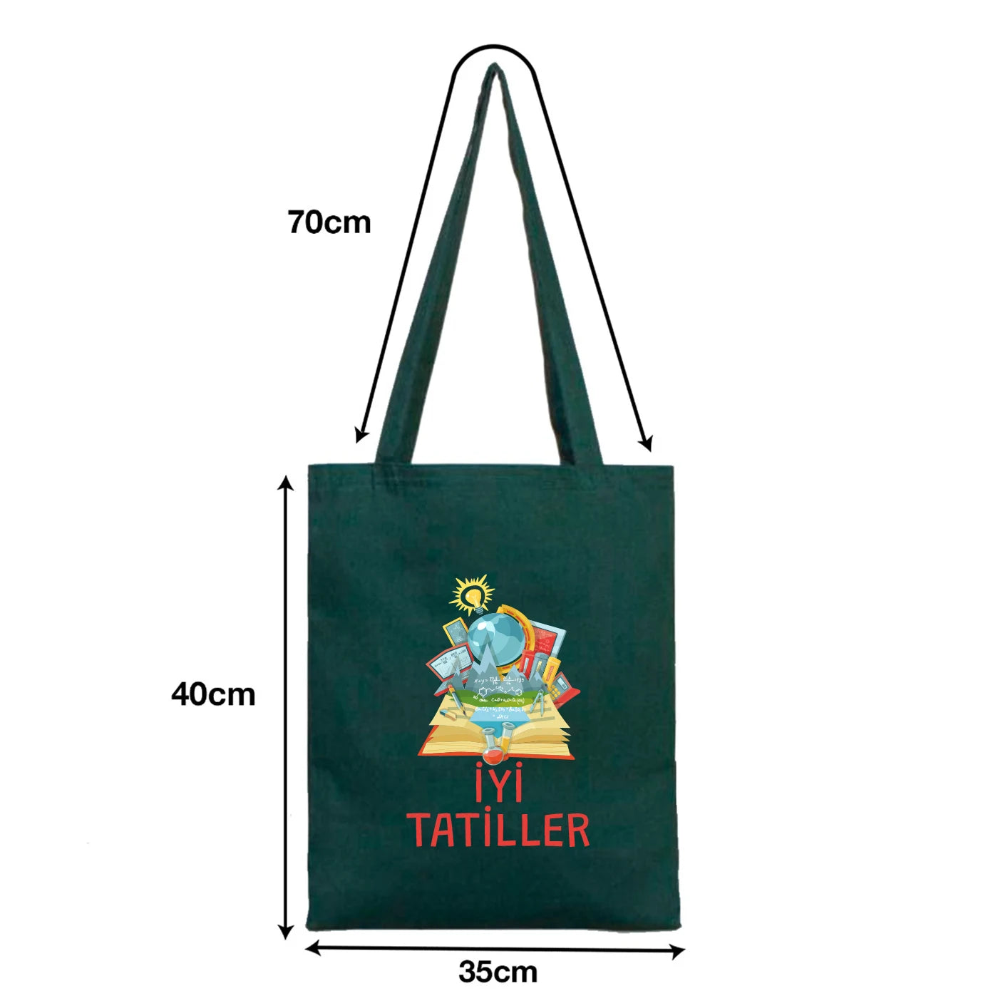 35×40 cm yeşil renkli kumaş tote çanta, ön yüzünde karne ve tatil temalı renkli baskı bulunan model.