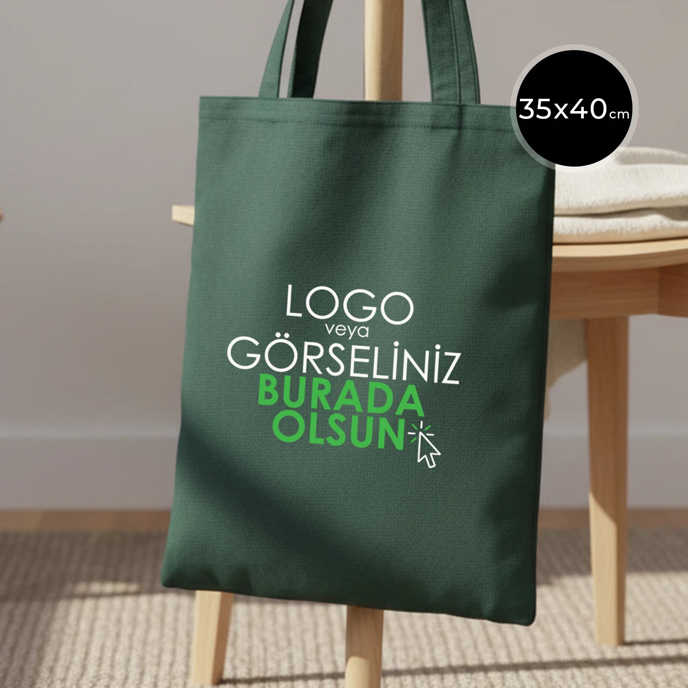 35×40 cm yeşil ham bez tote çanta – dayanıklı pamuk kumaş, baskılı omuz çantası.