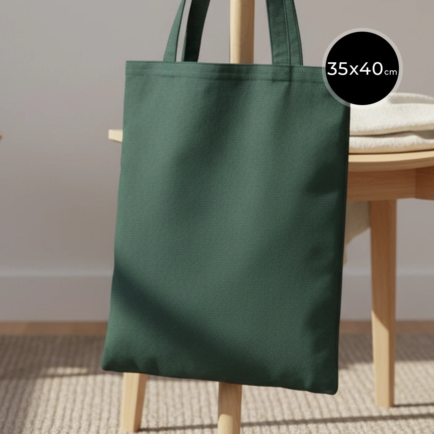 35×40 cm yeşil ham bez çanta – dayanıklı pamuk kumaş, baskısız alışveriş çantası.