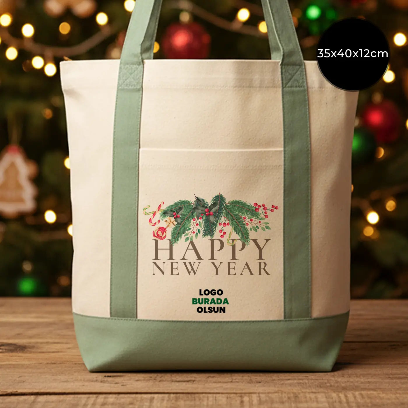 Yılbaşı Özel Trend Kanvas Çanta 40x35x12cm - Mint Yeşili Renkli Kulp (Özelleştirilebilir)