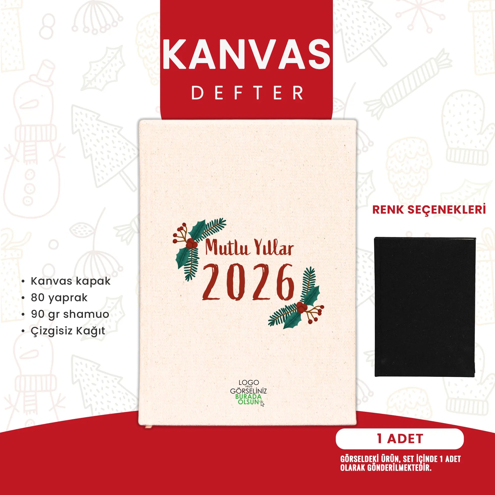 Yılbaşı defteri – Mutlu Yıllar 2026 logolu kanvas kapak defter.