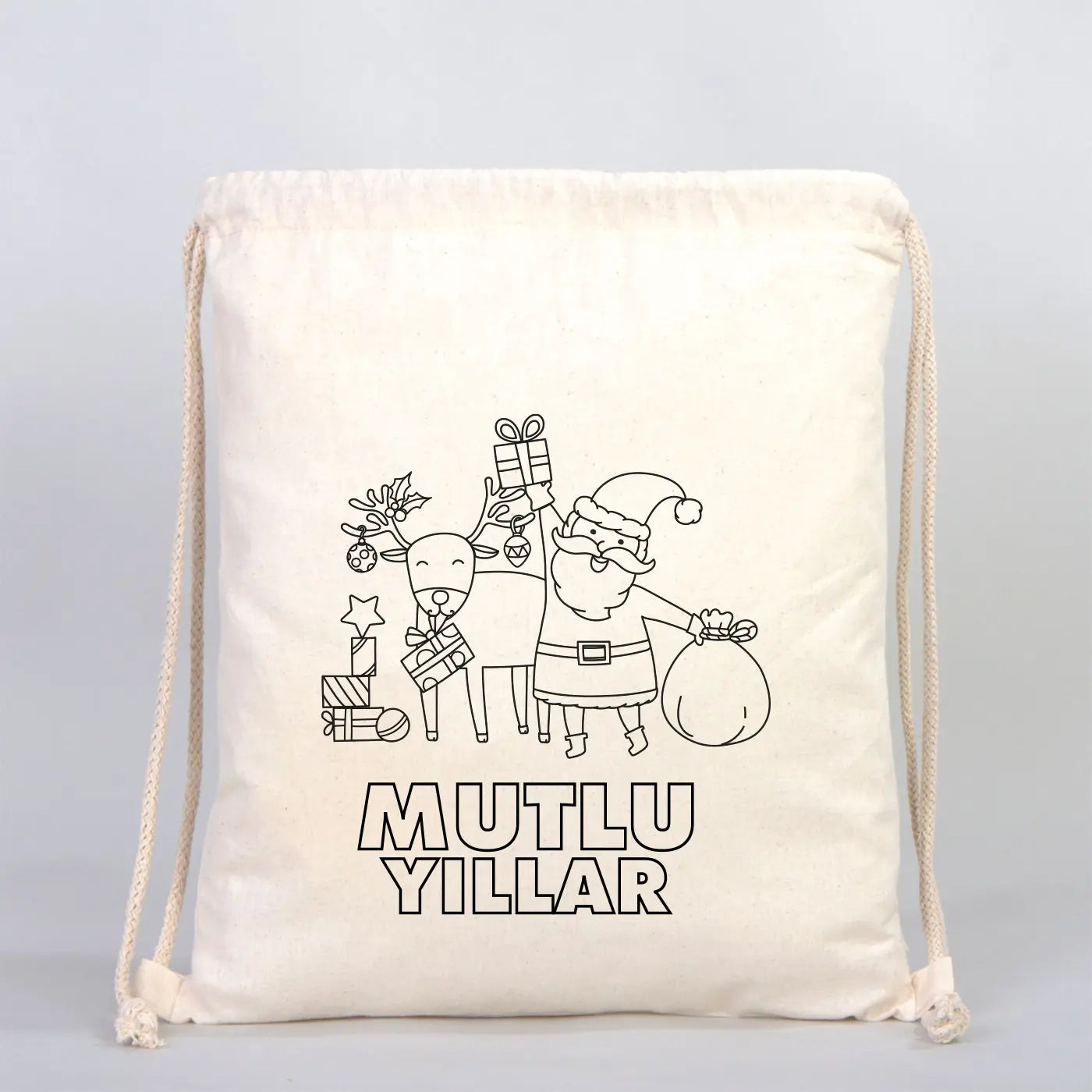 Mutlu Yıllar Temalı Boyanabilir Büzgülü Sırt Çantası 35x40 cm – Yılbaşı Aktivite ve Hediye