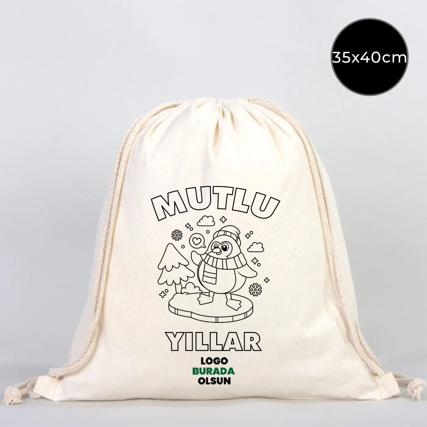 Mutlu Yıllar Temalı Boyanabilir Büzgülü Sırt Çantası 35x40 cm – Yılbaşı Aktivite ve Hediye