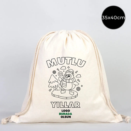 Mutlu Yıllar Temalı Boyanabilir Büzgülü Sırt Çantası 35x40 cm – Yılbaşı Aktivite ve Hediye