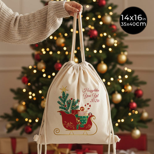 Yılbaşı Hediyesi: Çok Yönlü Büzgülü Bez Çanta 35x40cm – Elde, Omuzda, Sırtta Kullanım