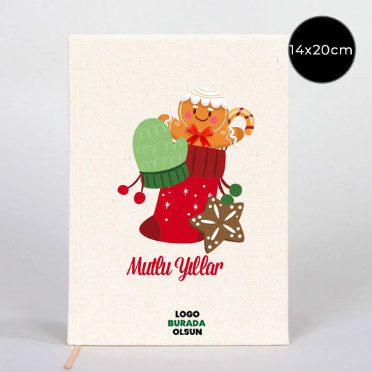 Yılbaşı Desenli Kanvas Defter 14x20 cm (Özelleştirilebilir)