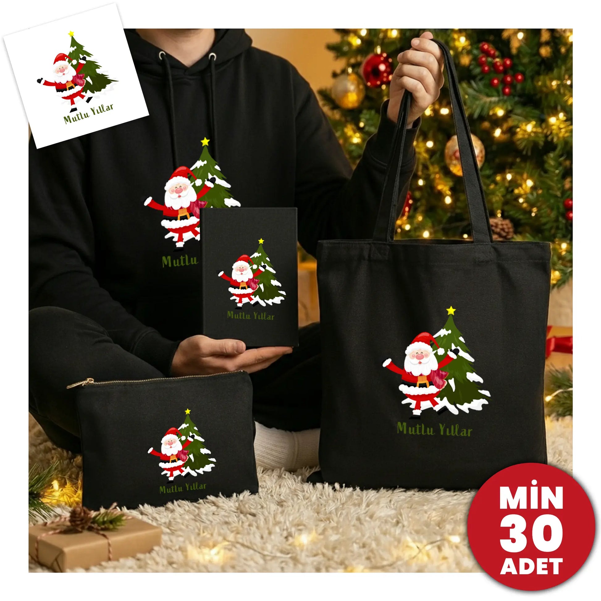 Ofis çalışanları için logolu yılbaşı hediye seti: Sweat, clutch, defter ve çanta