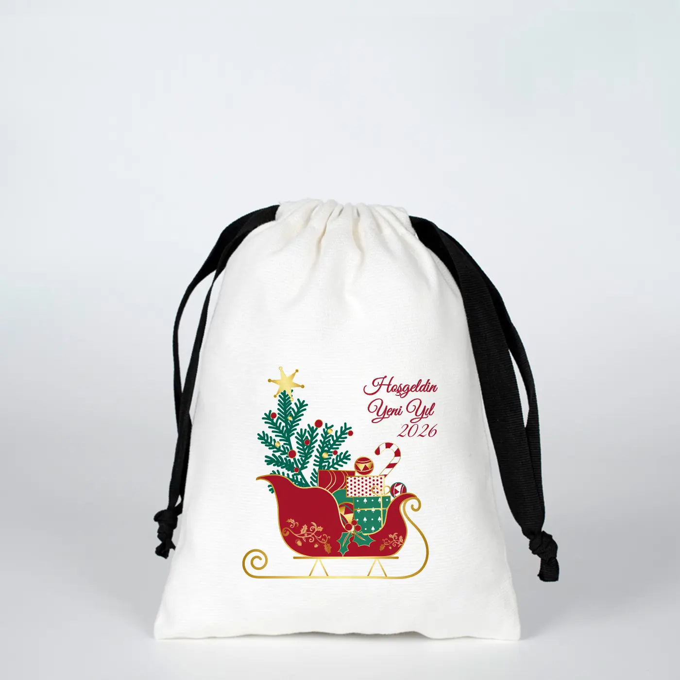 Yeni Yıla Özel Siyah İpli Bez Kese - 15x20cm Beyaz Panama Kumaş