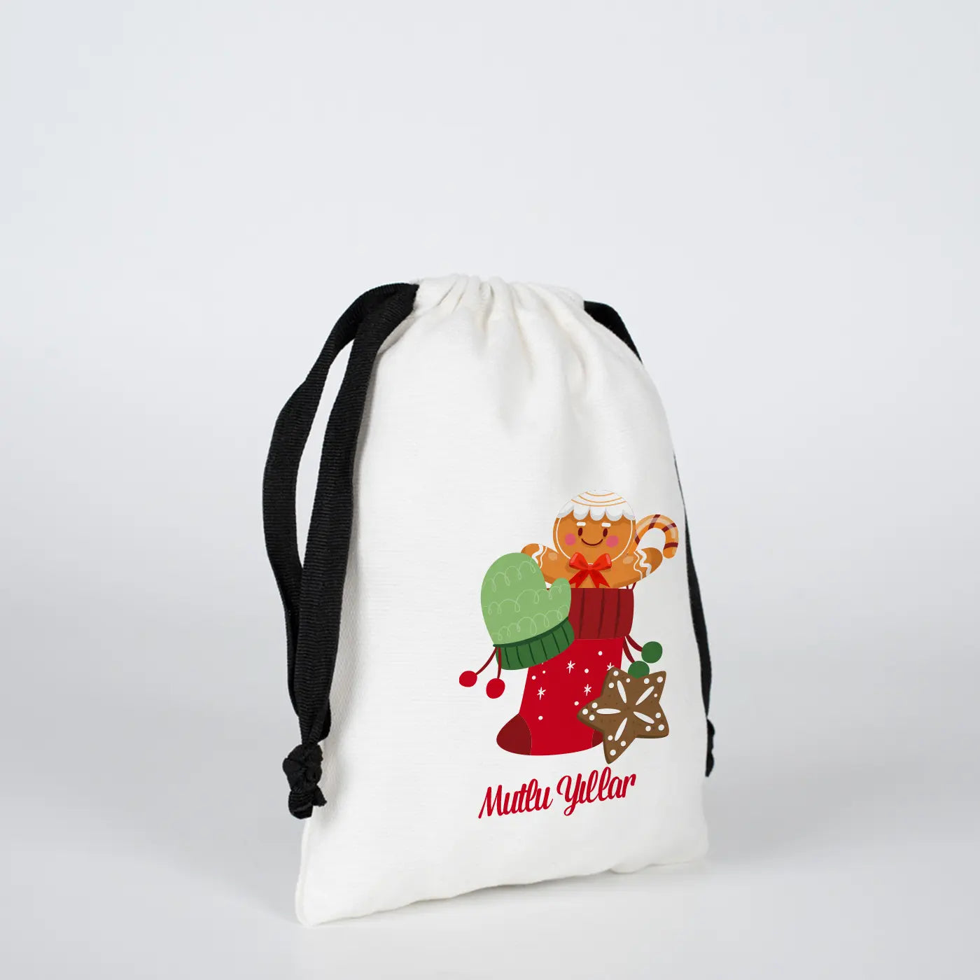 Yeni Yıla Özel Siyah İpli Bez Kese - 15x20cm Beyaz Panama Kumaş