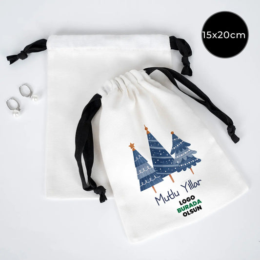 Yeni Yıla Özel Siyah İpli Bez Kese - 15x20cm Beyaz Panama Kumaş