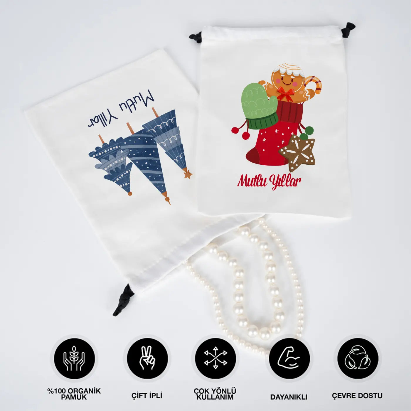 Yeni Yıla Özel Siyah İpli Bez Kese - 20x30 cm Beyaz Panama Kumaş