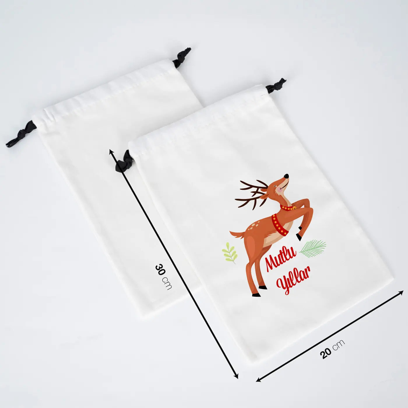 Yeni Yıla Özel Siyah İpli Bez Kese - 20x30 cm Beyaz Panama Kumaş