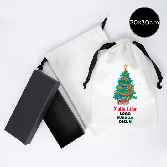 Yeni Yıla Özel Siyah İpli Bez Kese - 20x30 cm Beyaz Panama Kumaş