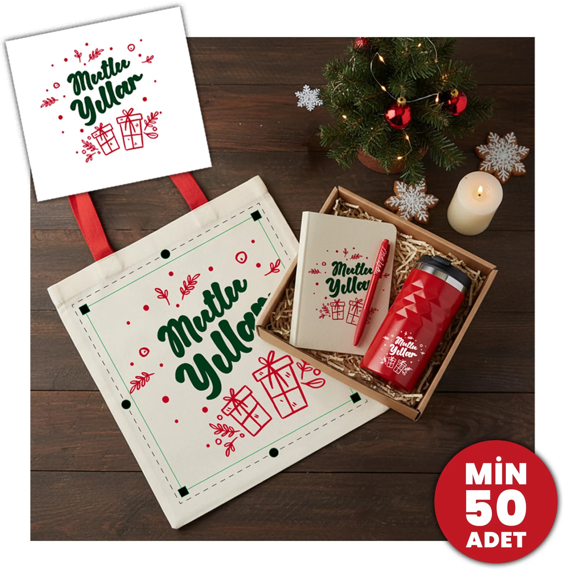 Yılbaşı kurumsal hediye seti; logolu paslanmaz çelik termos, kanvas kapaklı defter ve büyük boy bez çantadan oluşan şık ofis hediye paketi .