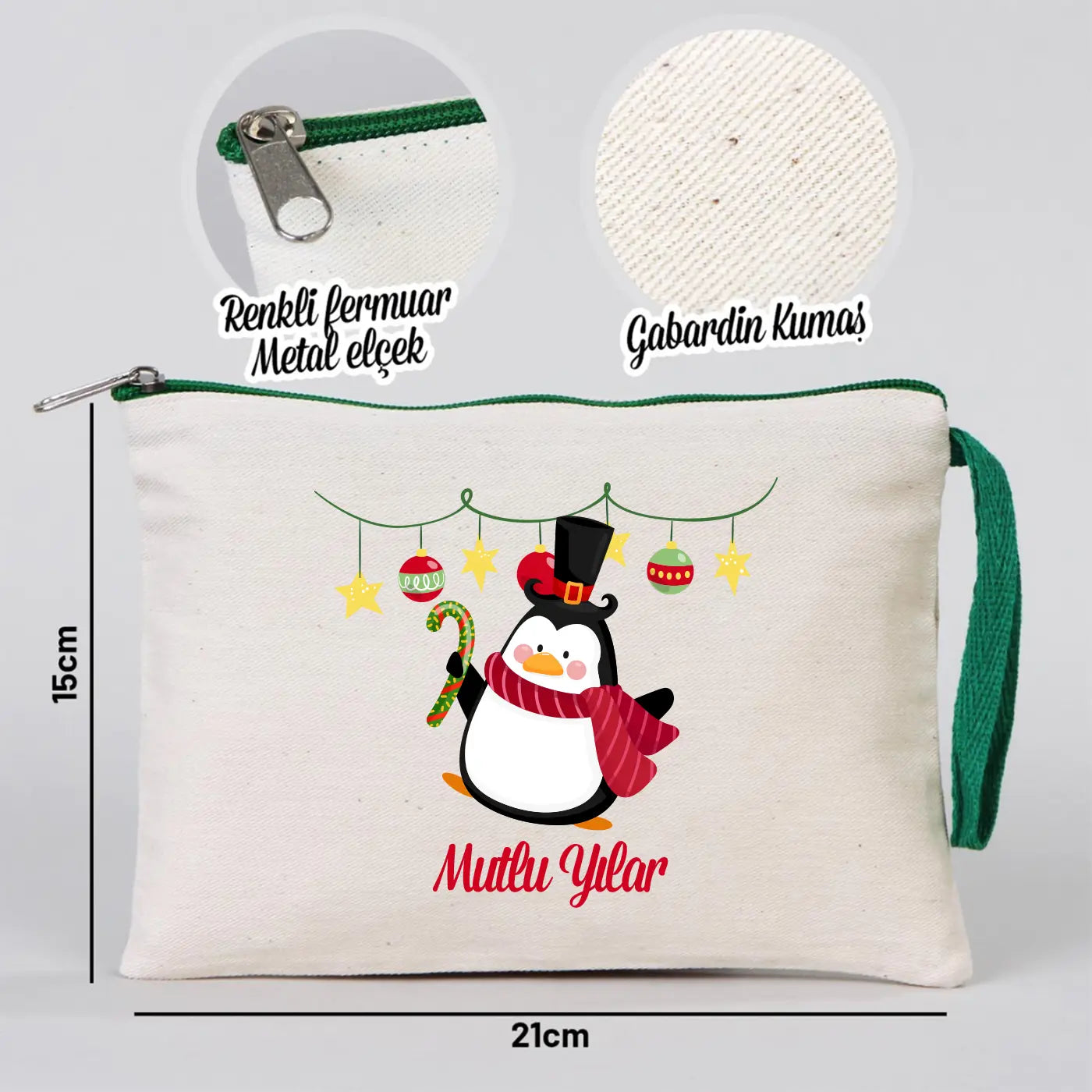 Yılbaşı Desenli Clutch 21x15 cm Yeşil Fermuar (Özelleştirilebilir)