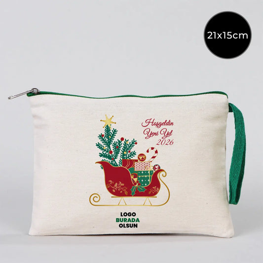 Yılbaşı Desenli Clutch 21x15 cm Yeşil Fermuar (Özelleştirilebilir)