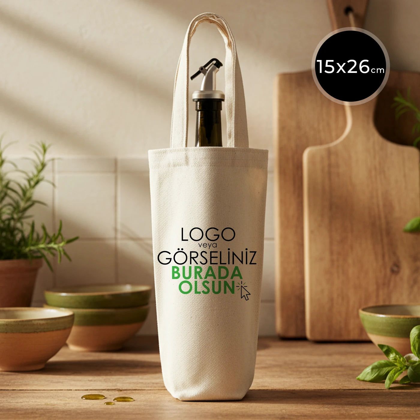 15×26 cm doğal renk kanvas şişe çantası – zeytinyağı ve şarap şişeleri için baskılı bez çanta.