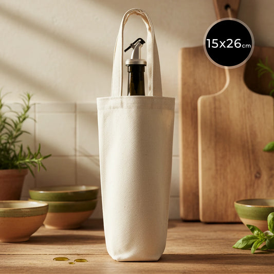 15×26 cm doğal renk kanvas şişe çantası – zeytinyağı ve şarap şişeleri için bez çanta.